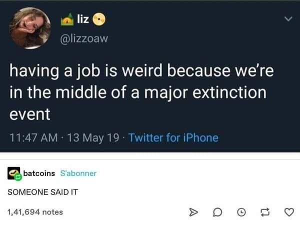 The meme is a screenshot of a Twitter post that reads: "having a job is weird because we're in the middle of a major extinction event". The post is accompanied by a simple, dry tone and a dash of dark humor, implying that the usual human experience of having a job is being overshadowed by the catastrophic reality of climate change and the impending doom of the planet.